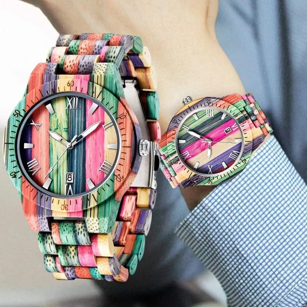 Men's Q1057 Handmade Colorful Bamboo Engraved Analog Quartz Wooden Watch